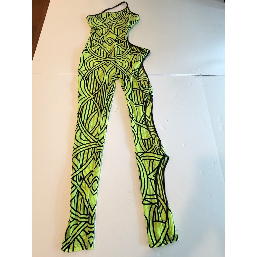 K TOO Neon Lime Green Black Geometric Cut Out One Shoulder Jumpsuit M